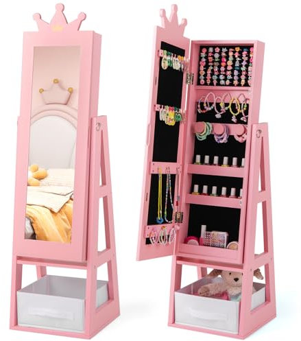 DREAMADE 3-in-1 Kinderspiegel mit Schmuckschrank & Stoffbox & Ablage, Kinder-Kosmetikspiegel aus Holz, Kinder freistehender Standspiegel für Kinder ab 3 Jahren (undrehbar,Rosa)
