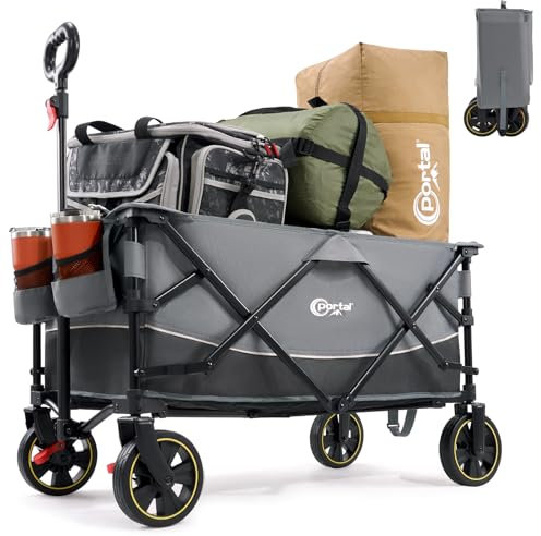 Portal Bollerwagen faltbar XXL Große Ladefläche 120kg belastbar Handwagen mit Getränkehalter Seitentasche Transportwagen Leiterwagen klappbar Strandwagen Faltwagen für Garten Camping Festival