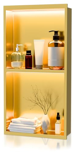 61 x 30,5 cm LED-Duschnische aus Edelstahl, keine Fliese erforderlich, mit Licht, doppellagig, versenkte Wandnischeneinsatz, Duschnische, Dusche für Badezimmer, Aufbewahrung (Gold)
