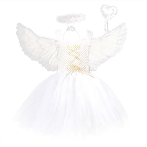 KQIVAM Mädchen Kleid Engel Kostüm Damen, Engelsflügel Amor Kostüm Damen Engel für Engelskostüm Damen Kinder Geburtstag Thematische Party Blumensmädchenkleid Hochzeitskleid fur 2-12 Jahre