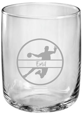 Lila Lotte Trinkglas Handball, Geschenk für Handballer, graviertes Glas mit Namen, personalisiert nach Wunsch, 3 versch. Glasformen, Art.-Nr. HB2 (Glas 3)