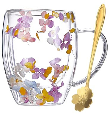 CHUNLINLAODA Dry Flowers Glass Coffee Mugs Dried Flowers Double Wall Glass Coffee Mugs Cute Glass Tea Cups with Handles Gifts for Best Friend Teacher Mum Gift Ideas Autumn Mug Decor (Pinkish Purple)