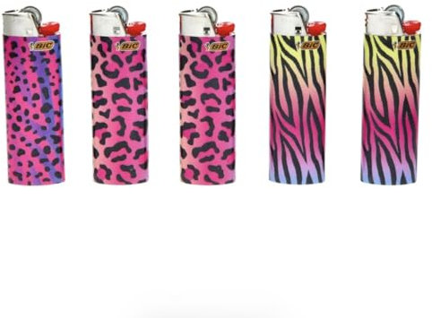 Lot de 5 BRIQUETS BIC Zoo Fluo Rose Maxi J26 Motif panthère, léopard, zèbre + 1 Cadeau RLBSL Offert !