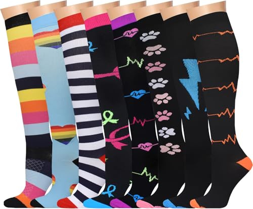 Lot de 8 paires de bas de compression pour homme et femme (15-20 mmHg), chaussettes de contention pour infirmières, sport, vol, voyage, course