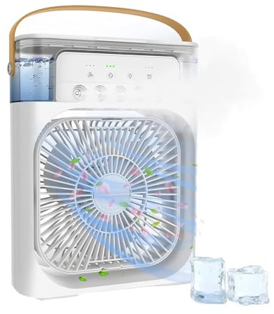 Avilia - Ventilatore Portatile Ricaricabile USB con Nebulizzatore, LED Multicolore, Timer, Aromaterapia e 3 Velocità, Ventilatore da Tavolo Compatto 21x36cm per Casa e Ufficio