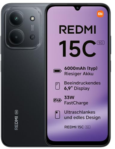 Xiaomi Redmi 15C 5G, Smartphone 4+128GB, Display 6,9 120Hz, MediaTek Dimensity 6300, processore 5G, Dual camera AI 50MP, Mega batteria da 6000mAh, Garanzia 2 anni, Nero, Caricabatterie non incluso