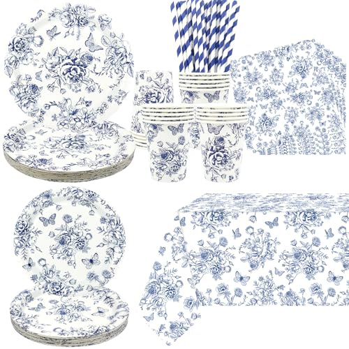 Decorazione floreale blu e bianca per feste, con piatti, bicchieri, tovaglioli, tovaglie, cannucce, per compleanni, matrimoni, cineserie, feste, 20 pezzi
