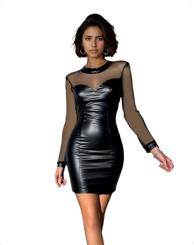 EMOTTOS Abito Mini da Donna in Pizzo e Ecopelle, Abiti in PU con Maniche Lunghe e Scollo all'Americana, Abito Aderente in Rete Trasparente Slim Fit per Serate in Discoteca, Nero, Taglie S-L