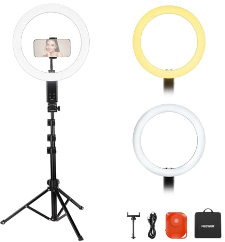 NEEWER RB12B 12 Selfie Ringlicht mit App Steuerung/Fernbedienung/Stativ | 3200mAh, LED Bi Farbe Ring Light Kompatibel mit iPhone, CRI95, 2900K-7000K, Kreis Beleuchtung für Vlog Makeup Videoaufnahme