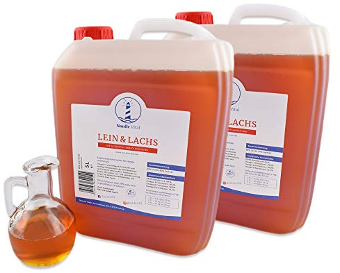 NordicVital Leinöl & Lachsöl Barföl Mischung für Hunde & Katzen 2x5Ltr. Kanister– Omega 3, 6 und 9 – Naturprodukt Perfekt zum Barfen