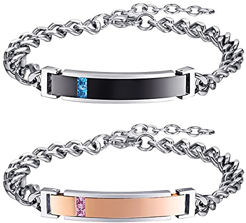 JewelryWe Paar Armband Panzerkette Partnerarmband: 2pcs Edelstahl Poliert Freundschaftsarmband Kubanische Kette Armreif mit Zirkonia Verliebte Partner Schmuck Geschenk für Sie und Ihn