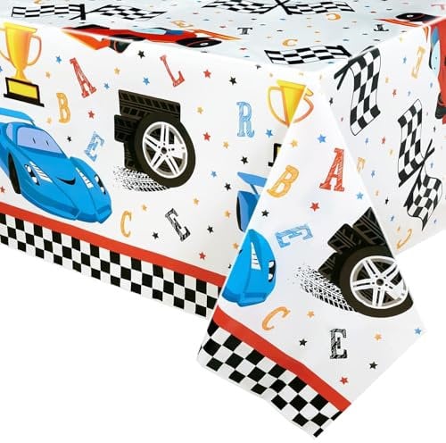 WERNNSAI Rennwagen Tischdecke – 274,3 x 137,2 cm Einweg Tischdecke aus Kunststoff rechteckig kariert für Kindergeburtstage Spiele Sportveranstaltungen Rennwagen Partyzubehör