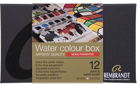 Rembrandt Set de peinture aquarelle professionnelle en boîte métallique de luxe | 12 couleurs mono-pigmentées + pinceau