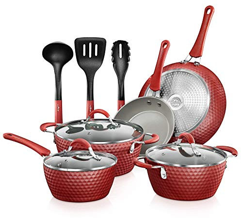 Nutrichef NCCW11RDD Non-Stick Kitchenware Pots & Pans-11 Pcs. Stylish Kitchen Cookware Set w/Elegant Diamond Pattern, Gray Inside & Red Outside, Metal, Aluminum