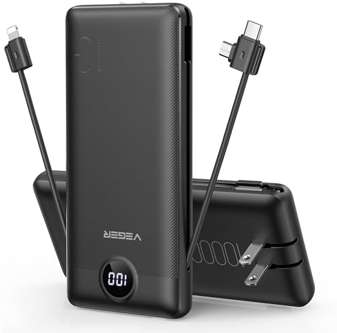 VEGER Portable Charger with Built-in AC Plug and Cables, All in One 10000mAh Ultra Slim Power Bank Travel Essentials, Fast Charging Battery Pack Compatible with iPhone, Samsung, Android (Black)