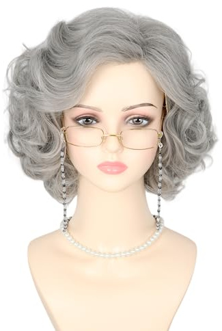 LeMarnia Perruque de costume de vieille dame 5 pièces - Gris - Courtes et bouclées - Pour cosplay, fête d'Halloween
