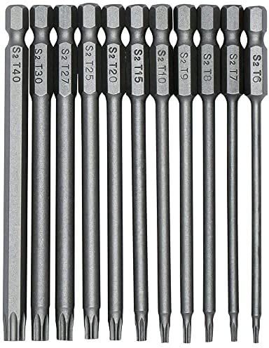 Fixinus 11 Stück Torx lang Schraubendreher Bit Set, 1/4 Magnetischer Sechskantschaft S2 Stahl lange Bohrer, Sicherheits-Torx-Bits T6-T40, 75 mm Länge