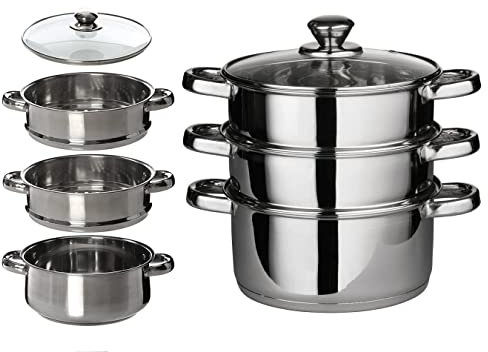 Stainless Steel Steamer Set With Glass Lid 3 Tier Cookware Set Kitchen 22cm Euro Steamer Set Pot Pan HTUK®