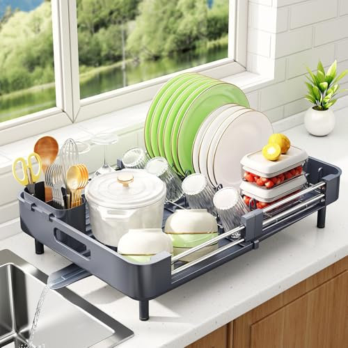 SAYZH Escurreplatos, Escurridor De Platos Extensible(33.5 CM-50 CM) De Gran Capacidad con Soporte Cubiertos Extraíble y Caño De Drenaje Giratorio, para Encimera De Cocina Ahorre Espacio(Gris)