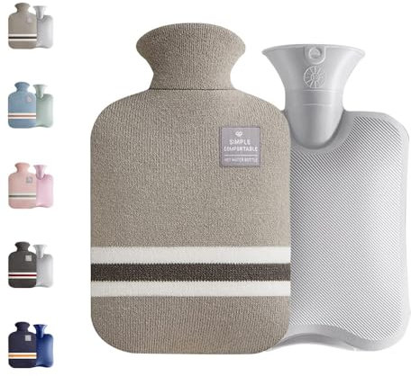 Small Hot Water Bottle with Knitted Cover, 1L Large Capacity Hot Water Bag with Removable and Washable Soft Cover for Pain Relief, Neck and Shoulders, Great Gift for Women, Men, Kids (1L-Light Grey)