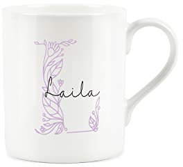 Personalised Bone China Mug - Floral Pink Letter L - Small Coffee Tea Mug Gift