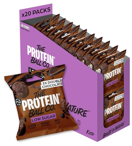 The Protein Ball Co Double Chocolate Low Sugar Protein Balls - Keto Friendly Snacks, Gluten-Free, Low Carb, Low Calorie Snacks - Healthy Energy Balls, Box of 20 Bags
