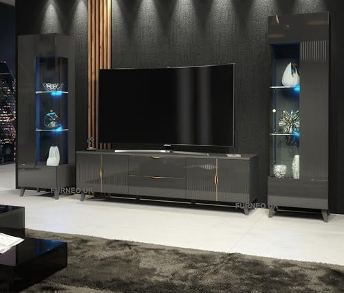 Furneo Azzurro 10/12G – Grey Living Room Set with TV Stand & Display Cabinets, High Gloss & Matt Finish, Blue LED Lights