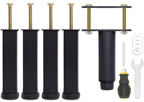 Pied de Lit 15 cm à Visser, Pied Sommier à Lattes Universel, Reglable en Hauteur, Metal, Carré + Rond, Boulons M8, pour le Cadre Métallique d’un Sommier Adulte, Noir, Lot de 5 (4 Latéraux + 1 Central)