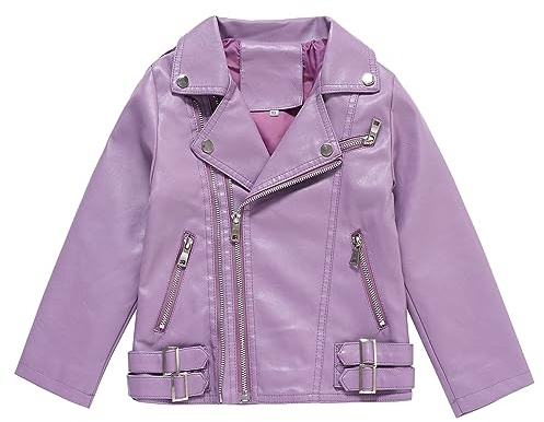 ELUCKFACE Kids Faux Leather Biker Jacket, Motorcycle Style with Lapel Collar Spring Fall Coat for Boys and Girls Violet 7-8Years