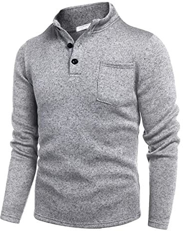 COOFANDY Herren Warmer Pullover Knopf Henley Kragen Feinstrick Pullover Casual Langarmshirt mit Tasche Grau XXL
