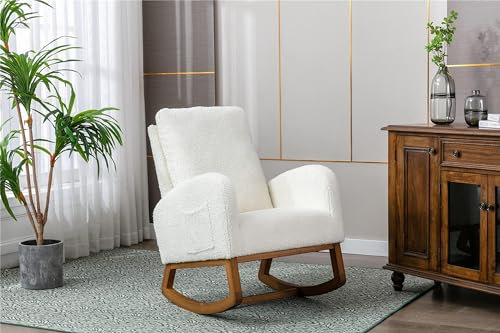 MOONMISS Gepolstertes Wohnzimmer Schaukelstuhl mit Armlehne, Modern Relaxsessel mit Seitentasche, Belastbarkeit 120 kg, Weiß Teddy