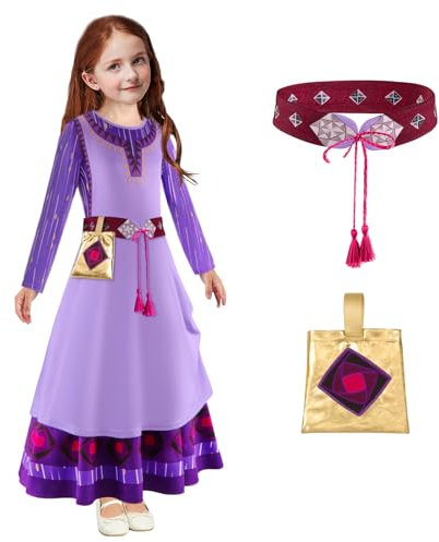 FUXHBFB Mädchen wünschen Wish Asha Kostüm Kind Prinzessin Kleid Coplay Outfit Dress Up Ohrring Halsketten Geburtstag Weihnachten Druck Kleider (140cm)