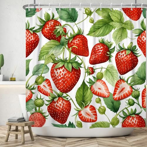 ASDCXZ Erdbeere Duschvorhang 180x200 cm, Frühling Sommer Einfachheit Rot Erdbeere Grün Blätter Weiß Bad Waschbar Duschvorhänge Polyester Textil Wasserdicht Badevorhang für Badewanne mit 12 Haken