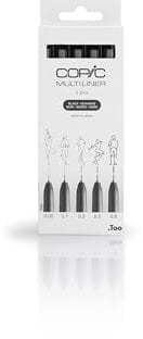 COPIC Multiliner Set, Black, 5 Fineliner in verschiedenen Strichstärken, Zeichen Stifte mit einer feinen Spitze und wasserbeständiger Pigmenttinte