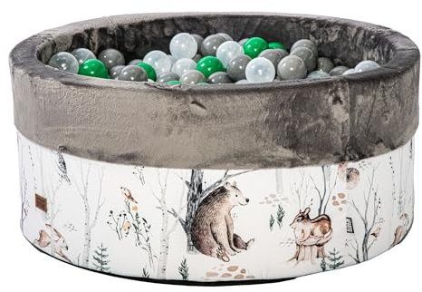 GoldenGroup Baby Forest Friends Bällebad 90x40 cm Mit 150 Bällen - Rundes Spielzeug Aus Samt und Schaumstoff - Grau, Grün, Pernamental