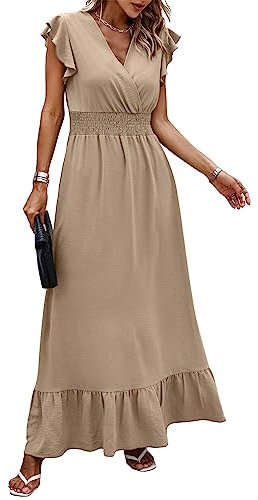 ASOMI Damen Kleider Langes Blumen: Hochzeit Strandkleid Boho Sommerkleid Lässig Wickelkleid Elegant Cocktailkleid Partykleid Swing V-Ausschnitt Kurz Flügelärmel Rüschen Maxikleid 24Khaki S