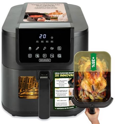 BOURGINI Air Fryer avec Revêtement Céramique Pro, Sans Substances Nocives (sans PFAS, C6, PFHxA, PTFE, PFOA et BPA), pour un foyer sans polluants éternels (Noire - 8 Litres)