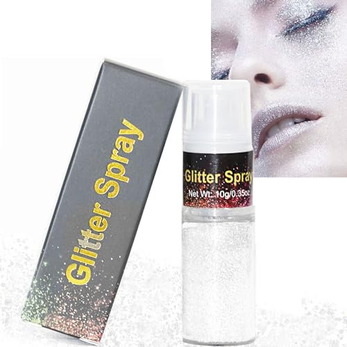 HTRUIYATY Spray Paillette Cheveux et Corps,Glitter Makeup Spray Poudre Ultrafine pour Paillettes Visage Festival Maquillage Paillette Fête Vetement blanc