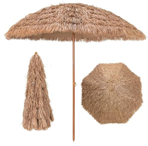 GOPLUS Sonnenschirm Hawaii, Strohschirm, Strandschirm Bast mit 8 Rippen, Terrassenschirm tragbar leicht, Tischschirm zum Sonnenschutz, Sonnenschirm für Strand Terrasse Garten (243cm mit Ständer)