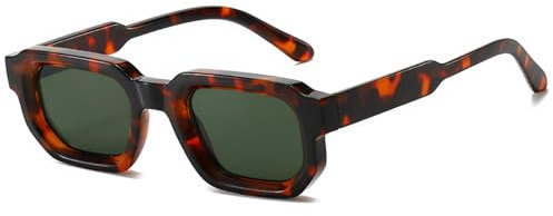 JCTAIFOO Trendige Rechteck Sonnenbrille für Herren Damen Vintage Rechteckige Retro Quadrat Chunky Brille (Leopard/Dunkelgrün)