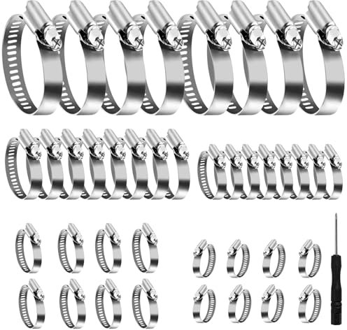 Philtool Lot de 40 colliers de serrage en acier inoxydable de 6 à 51 mm avec 1 tournevis, colliers de serrage réglables pour jardin, étang, machine à laver, piscine (5 tailles)