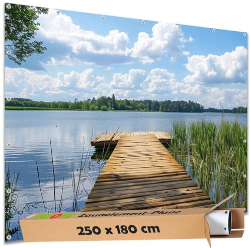 TRIOSK Sichtschutz Garten Deko Zaun Plane Blickdicht groß mit Zaunblende Motiv Schilfsee Holzweg Badesteg für Zaunelement Doppelstabmatten Stabmattenzaun Gartenzaun PVC 250x180 cm