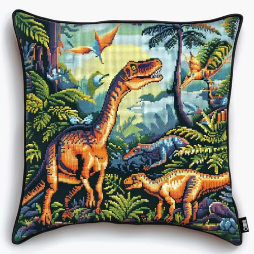 Cuscino Ricamo Kit Dinosauro Del Fumetto Fai Da Te Punto Croce Fodera Per Cuscino Del Divano Con Strumento Gancio Di Chiusura Adatto Per Adolescenti E Adulti Fodera Per Cuscino Con Gancio 43x43cm