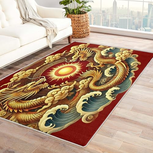 Teppich Chinesischer Drache - Teppich Wohnzimmer Schlafzimmer Asiatischer Stil Traditionell, Kleiner Teppich Rot Gold Orientalisch, Weich Kurzflor & Waschbar & rutschfest Fussmatte Innen 80x150 cm