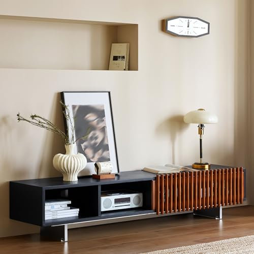 HOLGVE TV Schrank, Entertainment-Center Aus Massivholz, TV Lowboard, Fernsehtisch Mit Schiebetüren, Fernsehschrank Mit Stauraum, TV-Board, Wohnzimmermöbel