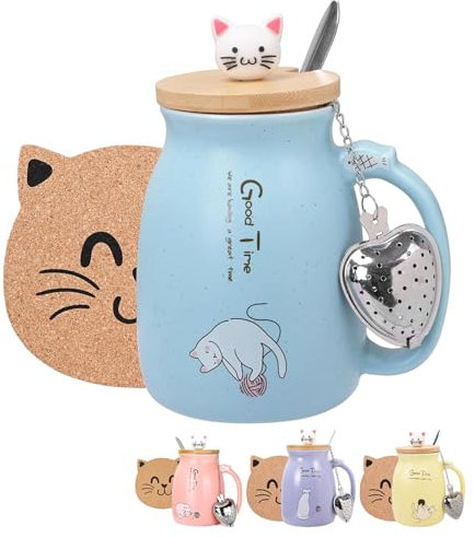 pobuu Cat Mug with Infuser and Lid,Cute Christmas Coffee Cup with Stainless Steel Spoon,Ceramic Morning Cup Coffee Milk Tea Mugs Christmas Birthday Gfits for Cat Lovers Women,Blue