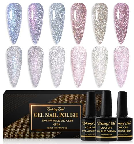 Shining She UV Nagellack Glitzer,6 Farben Reflechissant Sparkly Rosa Golden Silber uv nagellack Set Soak-Off UV Gel Nagellack Reflective Glitzer für Anfänger Art Maniküre,8ML