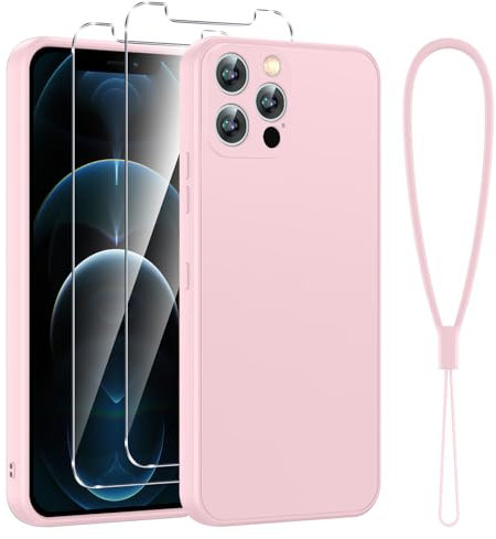 Viojrlra Coque pour iPhone 12 Pro Max 6,7 avec 2 Pièces Verre Trempé, Protection Complète Silicone Housse Fine Antichoc Antirayures Anti jaunissement étui iPhone 12 Pro Max Con Cordon,Rose