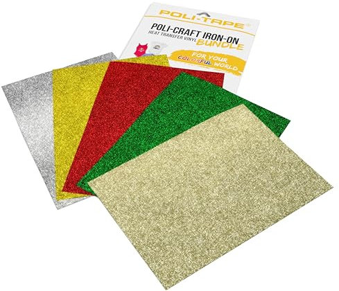 POLI-CRAFT IRON-ON BUNDLE GLITTER CHRISTMAS – 5 x POLI-FLEX® PEARL GLITTER, Glitzerfolie für Textilien, Glitter Weihnachten (Silber, Gold, Grün, Rot, Champagner), 5 x A4 (21 cm x 29,7 cm)