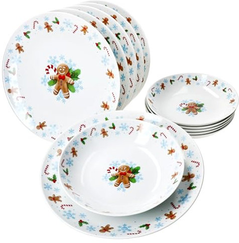 MamboCat Candyman Service de table 12 pièces en porcelaine pour 6 personnes avec décor de Noël bleu glacé I 6 assiettes creuses et 6 assiettes plates
